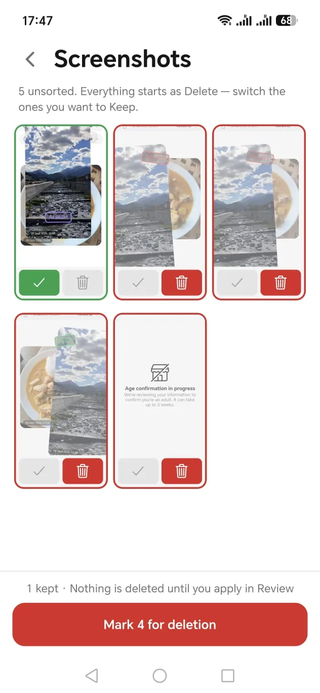 All screenshots in one grid, each marked Delete until you switch it to Keep.